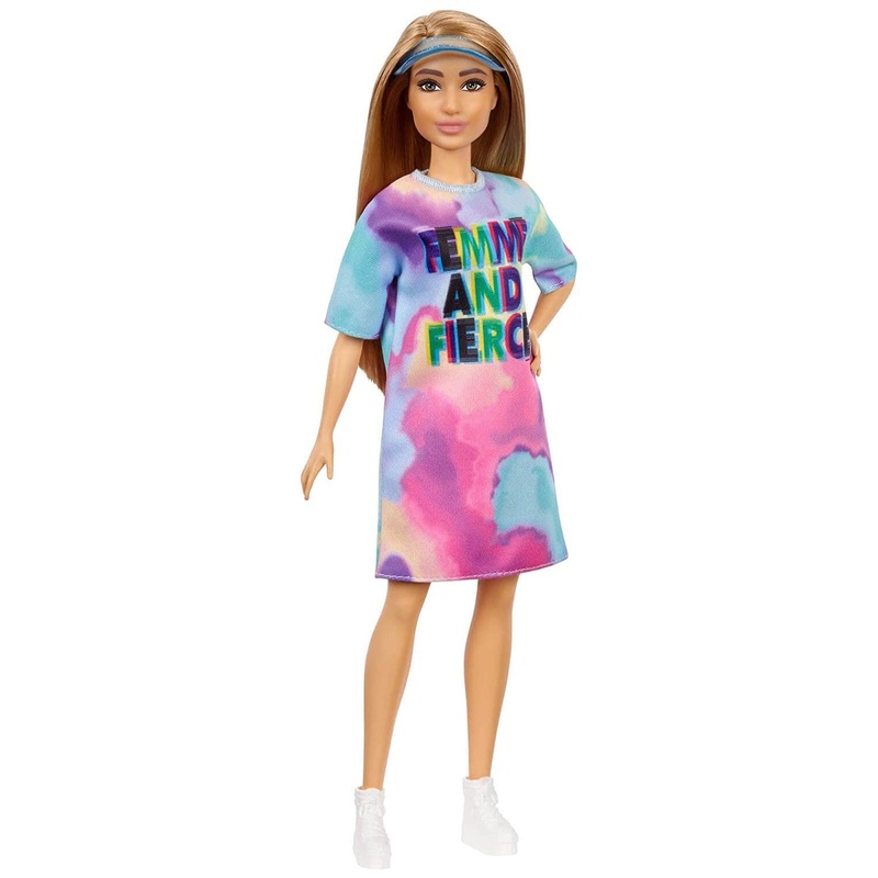 Mattel Barbie Fashionistas Doll, Petite, with Light Brown Hair Wearing Tie-Dye T-Shirt Dress, White Shoes & Visor